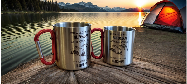 Edelstahltasse mit Karabiner "nicht aufgeben"