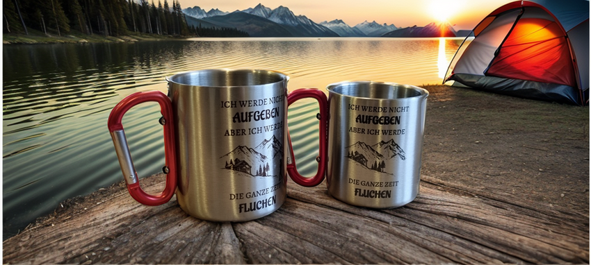 Edelstahltasse mit Karabiner "nicht aufgeben"